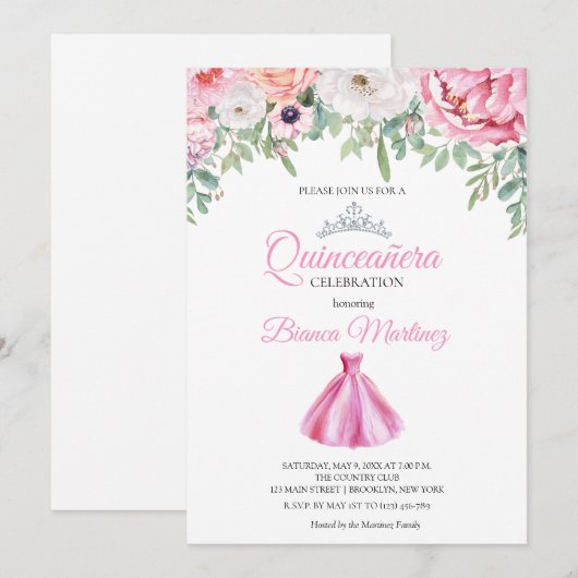 Quinceanera Roze Jurk Mis Quince Kaart (Voorkant / Achterkant)