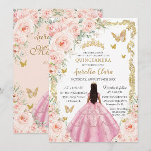 Quinceañera Roze Jurk Vintage Goud Blush Bloem Kaart