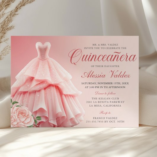 Quinceanera Roze Jurk Zilver Bloemen Kaart