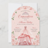 Quinceanera Roze Jurk Zilver Bloemen Uitnodiging (Voorkant)