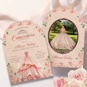 Quinceanera Roze Jurk Zilver Bloemen Uitnodiging