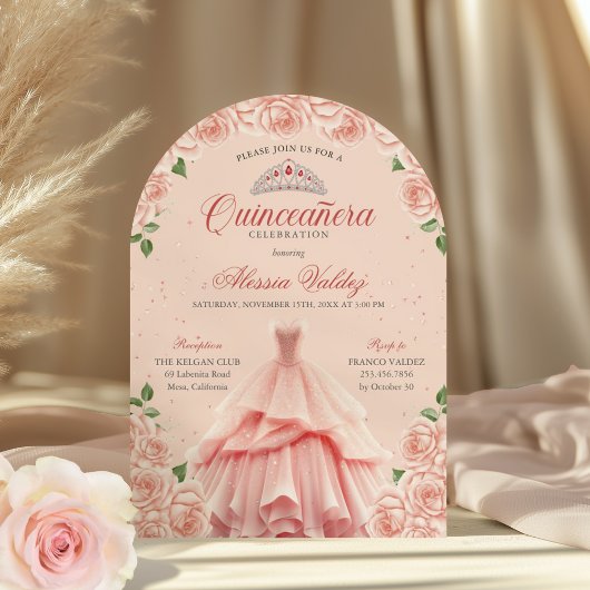 Quinceanera Roze Jurk Zilver Bloemen Uitnodiging