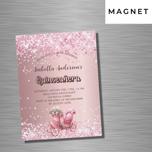 Quinceanera roze koets luxe party magnetische uitnodiging