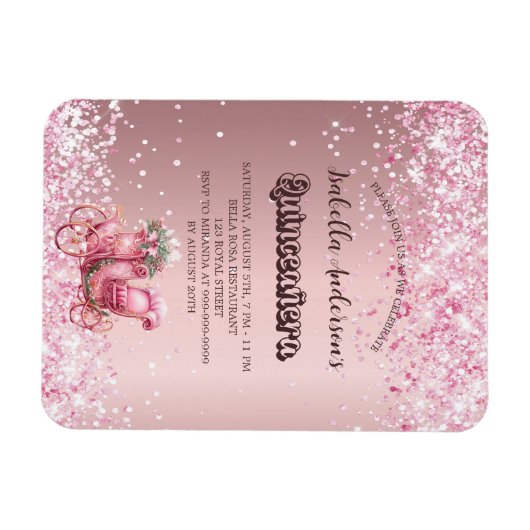 Quinceanera roze koets luxe uitnodiging magneet (Horizontaal)