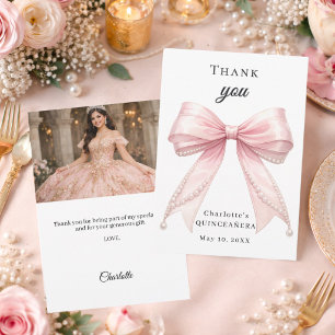 Quinceanera roze lint parels foto bedankkaart