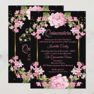 Quinceanera Roze Mooie Landelijke Bloemen Goud Zwa Kaart