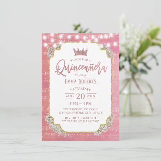 Quinceanera  roze muziek 15e verjaardag kaart (Staand voorkant)