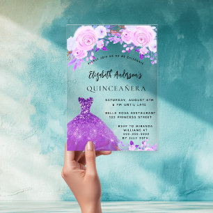 Quinceanera roze paarse bloemen jurk doorzichtig acryl uitnodigingen