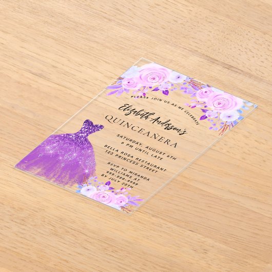 Quinceanera roze paarse bloemen jurk duidelijk acryl uitnodigingen (Laagn)