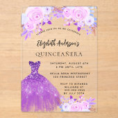Quinceanera roze paarse bloemen jurk duidelijk acryl uitnodigingen (Voorkant)