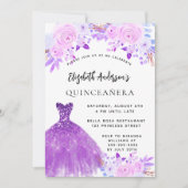 Quinceanera roze paarse bloemen jurk kaart (Voorkant)