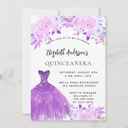 Quinceanera roze paarse bloemen jurk kaart (Voorkant)
