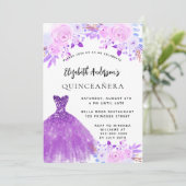 Quinceanera roze paarse bloemen jurk kaart (Staand voorkant)
