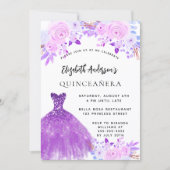 Quinceanera roze paarse bloemen jurk kaart (Voorkant)