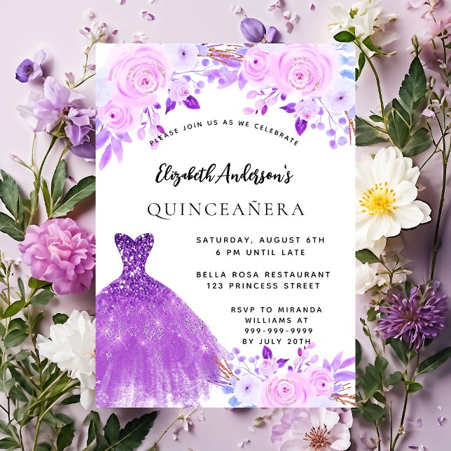 Quinceanera roze paarse bloemen jurk uitnodiging (Creator heeft geüpload)