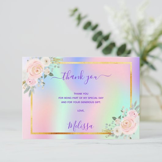 Quinceanera roze paarse foto regenboogflora bedankkaart (Staand voorkant)