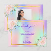 Quinceanera roze paarse foto regenboogflora bedankkaart (Voorkant / Achterkant)