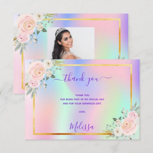 Quinceanera roze paarse foto regenboogflora bedankkaart (Voorkant / Achterkant)