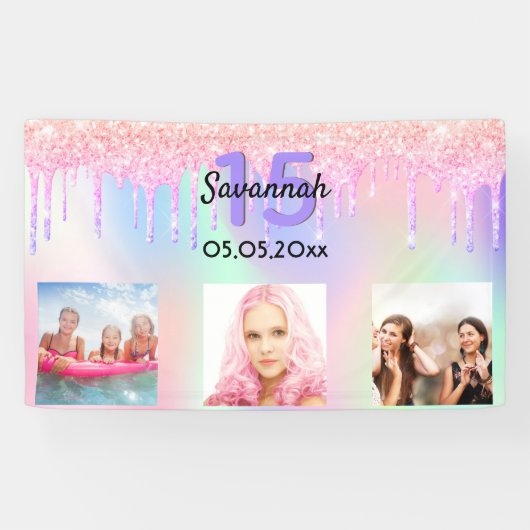 Quinceanera roze paarse glitter blush foto spandoek (Horizontaal)