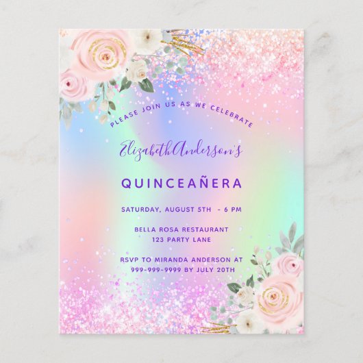 Quinceanera roze paarse glitter floral budget flyer (Voorkant)