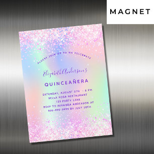 Quinceanera roze paarse glitter holografische luxe magnetische uitnodiging