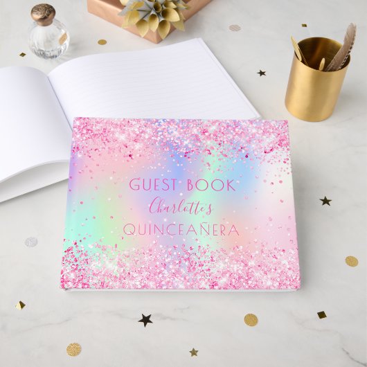 Quinceanera roze paarse holografisch gastenboek (Voorkant open)