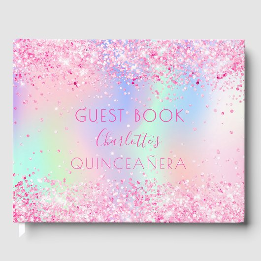 Quinceanera roze paarse holografisch gastenboek (Voorkant)