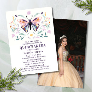 Quinceañera Roze Paarse Vlinder Foto Bloemstuk Kaart