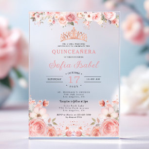 Quinceañera Roze Roos Bloem Acryl Uitnodigingen