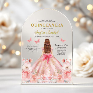 Quinceañera Roze Roos Bloem Vlinder Acryl Uitnodigingen