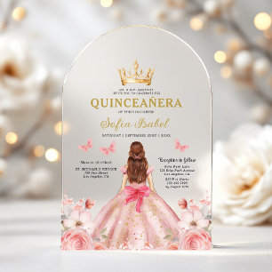 Quinceañera Roze Roos Bloem Vlinder Acryl Uitnodigingen