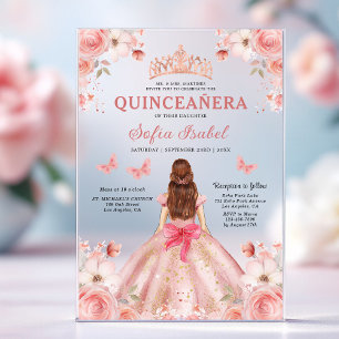 Quinceañera Roze Roos Bloem Vlinder Acryl Uitnodigingen