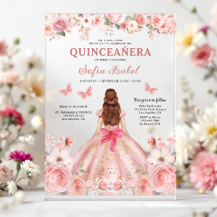 Quinceañera Roze Roos Bloem Vlinder Acryl Uitnodigingen