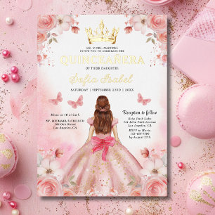Quinceañera Roze Roos Bloem Vlinder Folie Uitnodiging