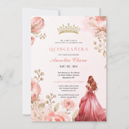 Quinceañera Roze Roos Bloemvlinder Tiara Kaart (Voorkant)