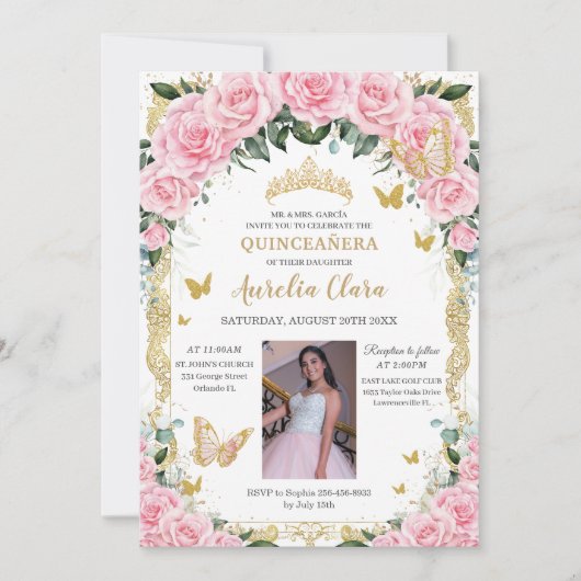 Quinceanera Roze Rose Bloemen  Goud Foto Kaart (Voorkant)