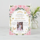 Quinceanera Roze Rose Bloemen  Goud Foto Kaart (Staand voorkant)