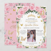 Quinceanera Roze Rose Bloemen  Goud Foto Kaart (Voorkant / Achterkant)