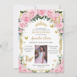 Quinceanera Roze Rose Bloemen  Goud Foto Kaart