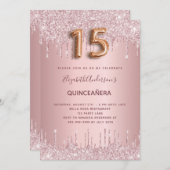 Quinceanera roze rose goud druppels kaart (Voorkant / Achterkant)