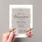 Quinceañera Roze Rose Gouden Kroon Acryl Uitnodigingen (Insitu (Draagbaar))