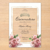Quinceañera Roze Rose Gouden Kroon Acryl Uitnodigingen (Voorkant)