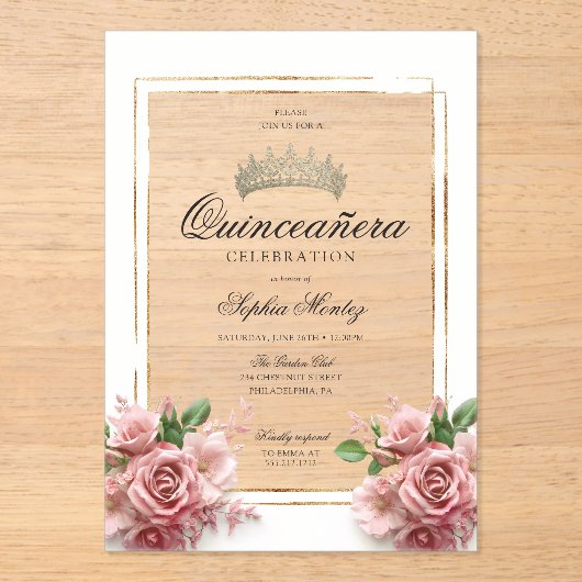 Quinceañera Roze Rose Gouden Kroon Acryl Uitnodigingen (Voorkant)