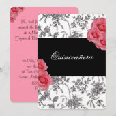 Quinceanera, Roze Roses Invitation / Sweet Vijftie Kaart (Voorkant / Achterkant)