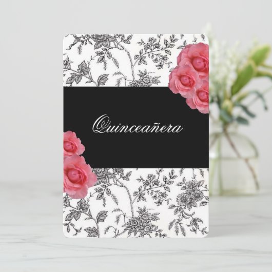 Quinceanera, Roze Roses Invitation / Sweet Vijftie Kaart (Staand voorkant)