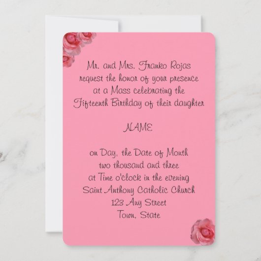 Quinceanera, Roze Roses Invitation / Sweet Vijftie Kaart (Achterkant)