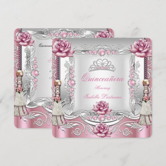 QUINCEANERA roze Roses Tassels Silver Tiara Kaart (Voorkant / Achterkant)