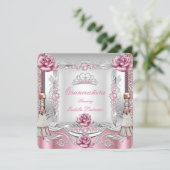 QUINCEANERA roze Roses Tassels Silver Tiara Kaart (Staand voorkant)