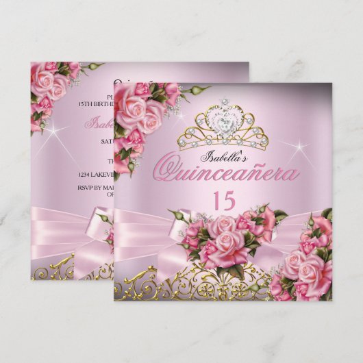 Quinceanera  Roze Roses Tiara 15e verjaardag Kaart (Voorkant / Achterkant)