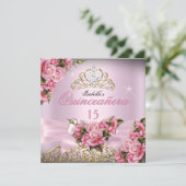 Quinceanera  Roze Roses Tiara 15e verjaardag Kaart (Staand voorkant)